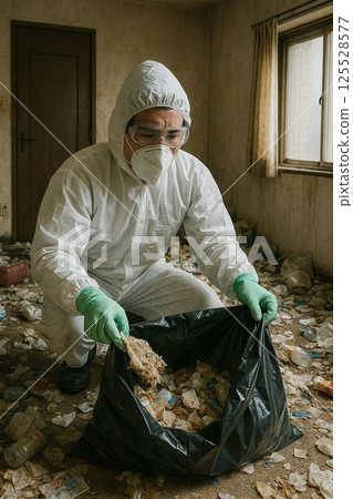 Cleaning workers at a garbage house and the scene of a lonely death: Male staff wearing protective clothing collect garbage [real-life style, Japanese] 125528577