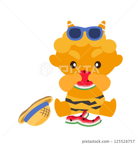 Illustration of a yellow demon wearing sunglasses and eating watermelon Illustration of a yellow demon wearing sunglasses and eating watermelon 125528757