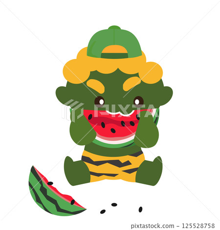 Illustration of a green demon wearing a cap and eating watermelon 125528758