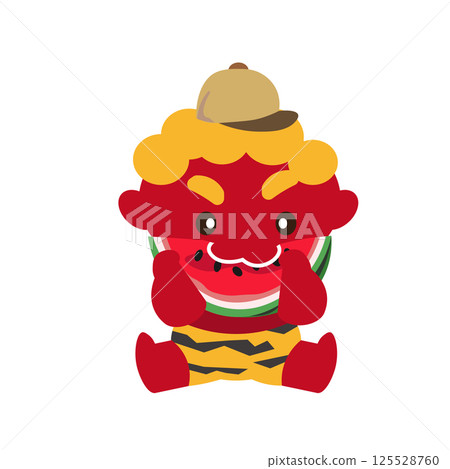 Illustration of a red demon wearing a hat biting into a watermelon Illustration of a red demon wearing a hat biting into a watermelon 125528760