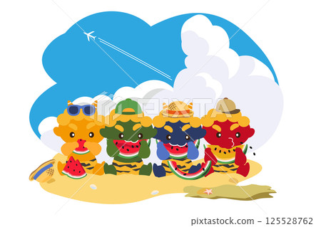 An illustration of a colorful demon eating watermelon on a sandy beach in front of a cumulonimbus and contrail background 125528762