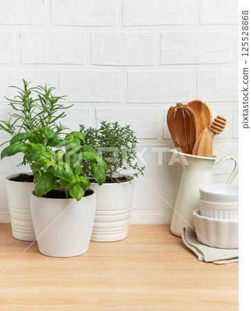 Fresh herbs growing in pots on kitchen countertop 125528868