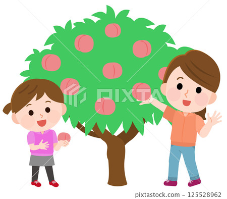 父母與孩子摘桃子的插畫 父母與孩子摘桃子的插畫 125528962
