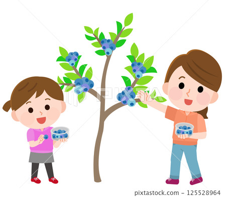 父母與孩子採藍莓的插畫 125528964