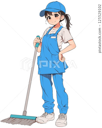 [AI 生成的圖像] 一位身穿工作服的女士以卡通風格拖地 125529102