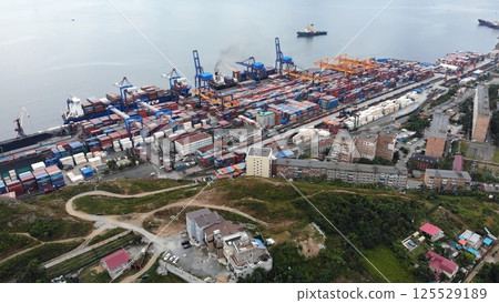 Aerial view of a bustling cargo port, showcasing cranes loading and unloading shipping containers onto cargo ships, highlighting global trade and logistics 125529189