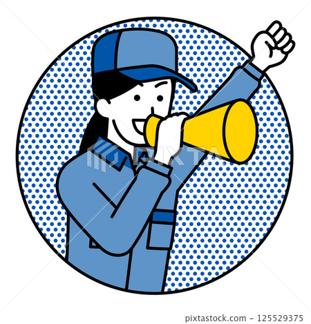 A woman in overalls jumping out of a circle and cheering with a megaphone A woman in overalls jumping out of a circle and cheering with a megaphone 125529375