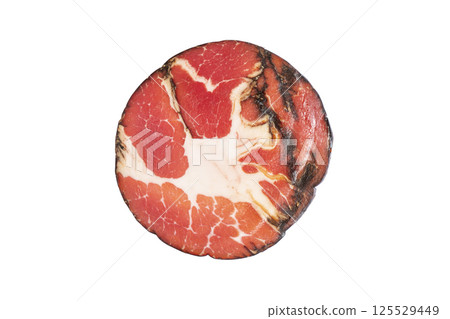 Top view of smoked pork salami chorizo sausages slices isolated on white background with clipping path. Raw smoked salami sausage isolated over white 125529449