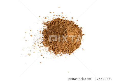 Heap of cacao powder isolated on white background.  Dark Cacao powder isolated over  white background. Top view. Pile of cocoa powder isolated 125529450