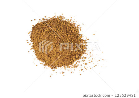 Heap of cacao powder isolated on white background.  Dark Cacao powder isolated over  white background. Top view. Pile of cocoa powder isolated 125529451