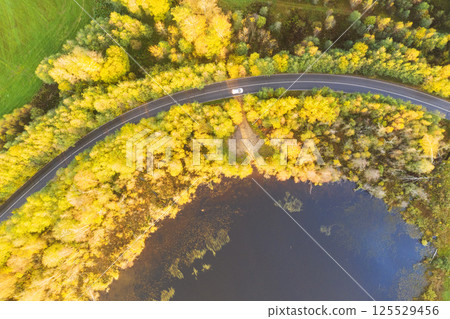 Aerial view of rural road with white car in yellow and orange autumn forest. Aerial road near the lake with moving car. Top view autumn road landscape. Top view of asphalt roadway Aerial view of rural road with white car in yellow and orange autumn forest. Aerial road near the lake with moving car. Top view autumn road landscape. Top view of asphalt roadway 125529456