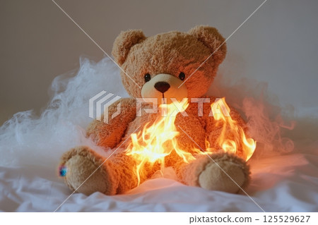 A teddy bear is sitting on a bed with its mouth open and its tongue sticking out 125529627