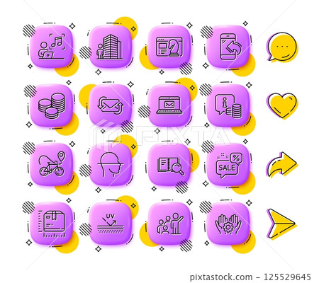 Face scanning, Info and Discounts bubble line icons. App 3d buttons. Social media comment, share, like icons. Pack of Agent, Uv protection, Refresh mail icon. Vector 125529645
