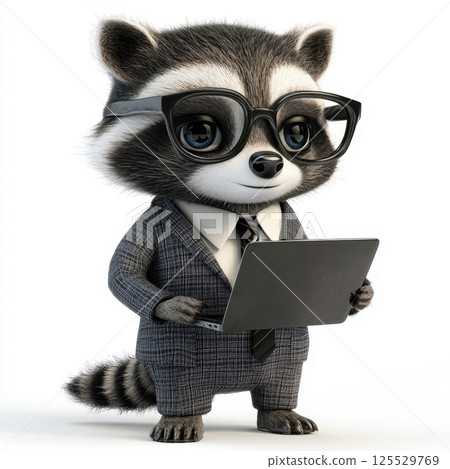A raccoon wearing glasses and a suit holding a laptop A raccoon wearing glasses and a suit holding a laptop 125529769