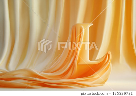 A large orange curtain with the letter L written on it 125529781