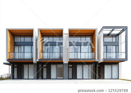 A row of three buildings with balconies and windows 125529789