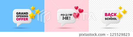 Follow me chat speech bubble. 3d stars, sparkles, hearts chat bubbles. Follow me tag. Special offer sign. Super offer symbol. Final sale, Back to school tag. Vector Follow me chat speech bubble. 3d stars, sparkles, hearts chat bubbles. Follow me tag. Special offer sign. Super offer symbol. Final sale, Back to school tag. Vector 125529823