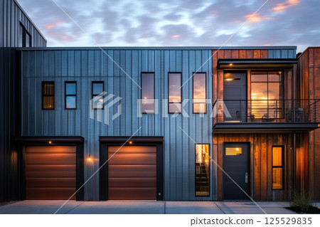 A large, modern house with a black front door and two brown garage doors 125529835