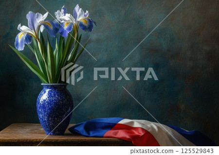 A vase of blue and white flowers sits on a table next to a red, white 125529843