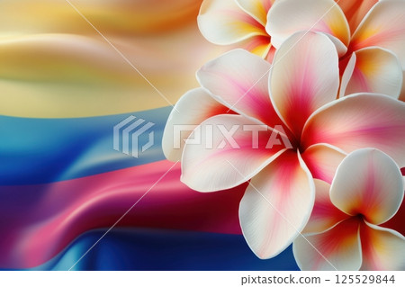 A colorful piece of fabric with a white flower on it A colorful piece of fabric with a white flower on it 125529844