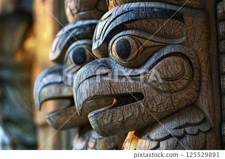 Two wooden bird statues with their beaks open, one of which has a large eye 125529891