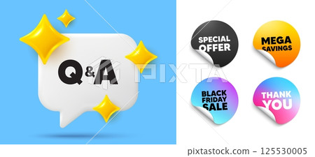 Questions answers speech bubble, sticker tags. Offer, Black friday stickers. Questions and answers icon. Answer question sign. Faq symbol. Thank you tag. 3d sparkle chat bubble. Vector Questions answers speech bubble, sticker tags. Offer, Black friday stickers. Questions and answers icon. Answer question sign. Faq symbol. Thank you tag. 3d sparkle chat bubble. Vector 125530005