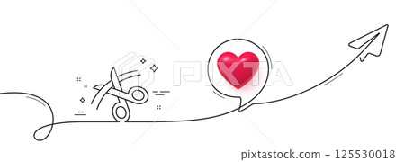 Scissors line icon. Continuous line with share plane. Cutting ribbon sign. Tailor utensil symbol. 3d heart in speech bubble. Scissors single line ribbon. Loop curve pattern. Vector Scissors line icon. Continuous line with share plane. Cutting ribbon sign. Tailor utensil symbol. 3d heart in speech bubble. Scissors single line ribbon. Loop curve pattern. Vector 125530018