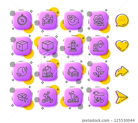 Delivery bike, Eco power and Charging time line icons. App 3d buttons. Social media comment, share, like icons. Pack of Gas station, Package, Delivery box icon. Vector 125530044