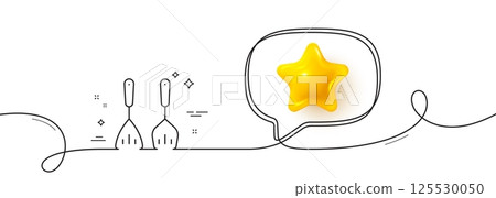 Cooking cutlery line icon. Continuous line with 3d star. Kitchen accessories sign. Food preparation symbol. 3d star in speech bubble. Cooking cutlery single line ribbon. Loop curve pattern. Vector 125530050