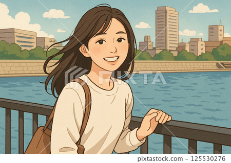 一位微笑的女人走過一座橋的插圖 125530276