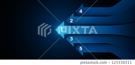 Five Blue Arrows Infographic Diagram with Numbered Steps on Dark Background Five Blue Arrows Infographic Diagram with Numbered Steps on Dark Background 125530311