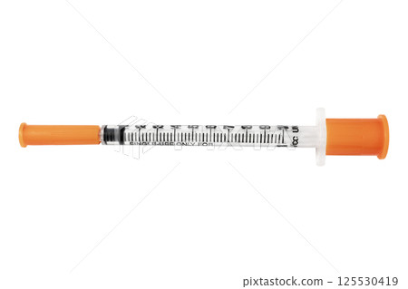 Insulin syringe for diabetes isolated on white background. Close-up empty syringe isolated. Plastic insulin syringe. Injection medicine. Medical equipment. Healt care concept Insulin syringe for diabetes isolated on white background. Close-up empty syringe isolated. Plastic insulin syringe. Injection medicine. Medical equipment. Healt care concept 125530419