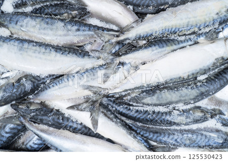 Frozen mackerel background. Frozen group of fish. Iced fish. Heap of mackerel. Mackerel pattern. Mackerel texture. Fish background Frozen mackerel background. Frozen group of fish. Iced fish. Heap of mackerel. Mackerel pattern. Mackerel texture. Fish background 125530423