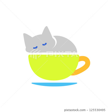 A colorful icon of a cat taking a nap in a coffee cup 125530495
