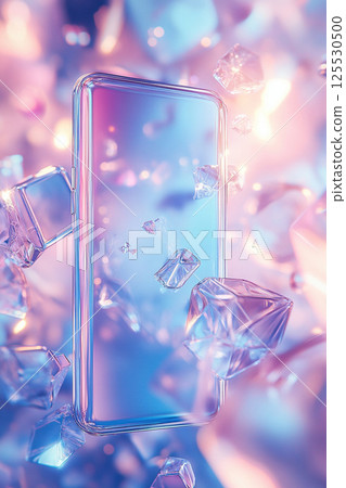 Transparent design of a modern smartphone surrounded by glassmorphic cubes on a light background. Vertical background 125530500