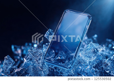 The transparent screen of the smartphone is surrounded by cracked ice floes on a dark blue background. 125530502
