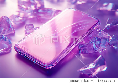 Mobile phone with glassmorphism effect. Glass smartphone on purple background. Generated by artificial intelligence 125530513