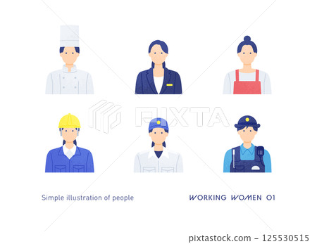 各種職業的簡單而時尚的圖標，包括咖啡館店員、從事建築工作的婦女和護理人員。 125530515
