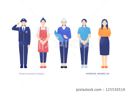 工作的女人。警察、客服人員、建築工人、助手和設計師的向量插圖。 125530519