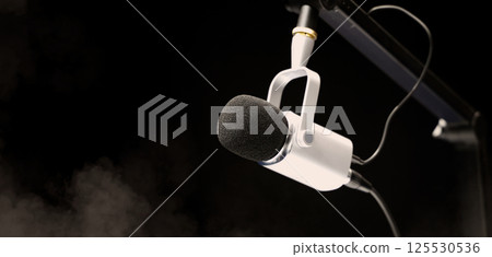 Microphone in studio. Professional studio microphone with a pop filter is suspended boom arm and studio lights. Set up mic for podcast voice over or recording high quality sound audio in a controlled. Microphone in studio. Professional studio microphone with a pop filter is suspended boom arm and studio lights. Set up mic for podcast voice over or recording high quality sound audio in a controlled. 125530536