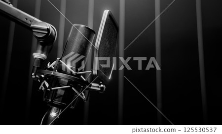 Microphone in studio. Professional studio microphone with a pop filter is suspended boom arm and studio lights. Set up mic for podcast voice over or recording high quality sound audio in a controlled. Microphone in studio. Professional studio microphone with a pop filter is suspended boom arm and studio lights. Set up mic for podcast voice over or recording high quality sound audio in a controlled. 125530537