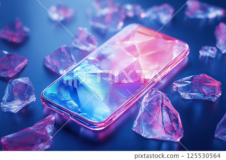 Cracked smartphone screen among bright crystals 125530564