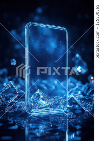 Futuristic transparent smartphone against the blue background of ice crystals 125530565