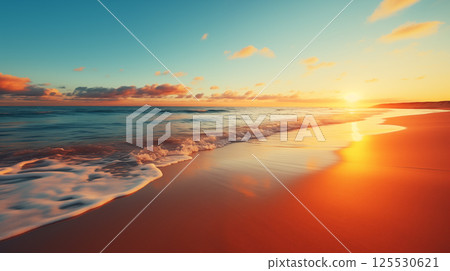 Closeup of a tranquil sea shore with golden sand at sunset under colorful sky with soft clouds and gentle waves in panoramic view Closeup of a tranquil sea shore with golden sand at sunset under colorful sky with soft clouds and gentle waves in panoramic view 125530621
