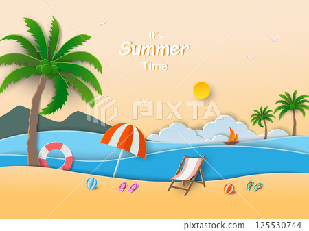 Paper art style with summertime concept on beach background 125530744
