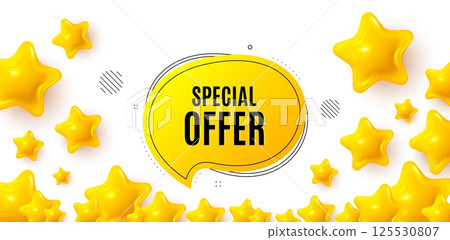 Special offer winner banner with 3d stars. Golden stars banner. Special offer bubble sticker. Discount banner shape. Sale coupon chat icon. Review rate background. Vector 125530807