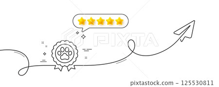 Dog competition line icon. Continuous line with share plane. Pets award sign. Champion winner medal symbol. Five star rate review in speech bubble. Dog competition single line ribbon. Vector Dog competition line icon. Continuous line with share plane. Pets award sign. Champion winner medal symbol. Five star rate review in speech bubble. Dog competition single line ribbon. Vector 125530811