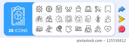 Report, Idea and Seo gear line icons. Interest rate, AI generate, Inflation icons. Pack of Document signature, Psychology, Coronavirus research icon. Vector Report, Idea and Seo gear line icons. Interest rate, AI generate, Inflation icons. Pack of Document signature, Psychology, Coronavirus research icon. Vector 125530812