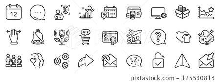 Discounts calendar, Passenger and Heart line icons pack. Share, Message, Paper plane icons. Equality, Incubator, Lock web icon. Annual calendar, Mute, Money box pictogram. Vector 125530813