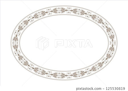 Decorative oval frame with gold floral greek pattern on white background. Oval floral european national pattern frame arabesque. Lace frame for oval surface, invitation, textile, embroidery, porcelain 125530819